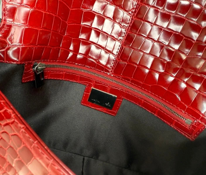 Fendi Glossy Red Crocodile Baguette Bag