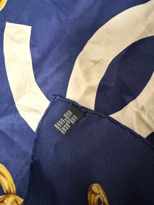 Chanel Gold And Blue Chain Logo Silk Scarf