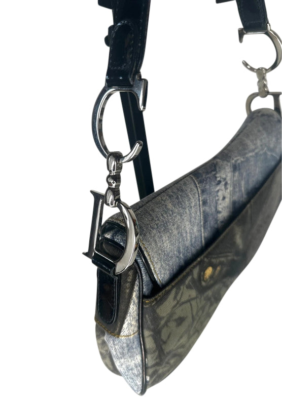 Christian Dior By John Galliano Speedway Denim Print Double Saddle Bag