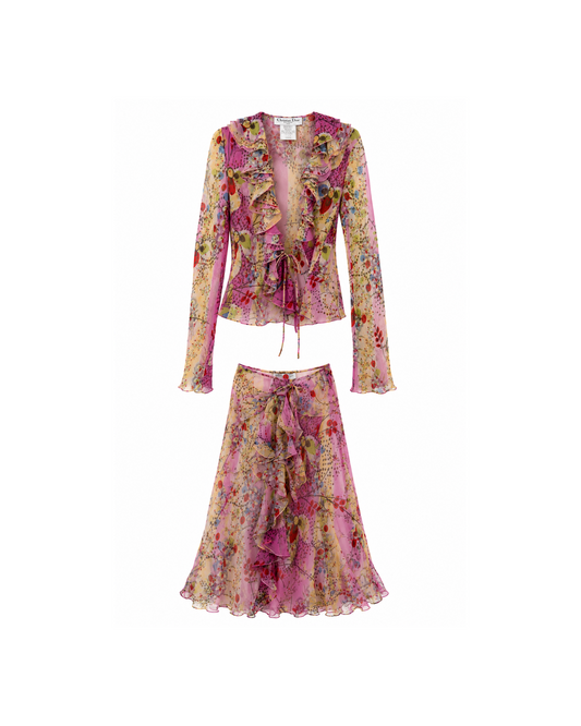 Christian Dior By John Galliano Floral Silk Blouse and Skirt Set