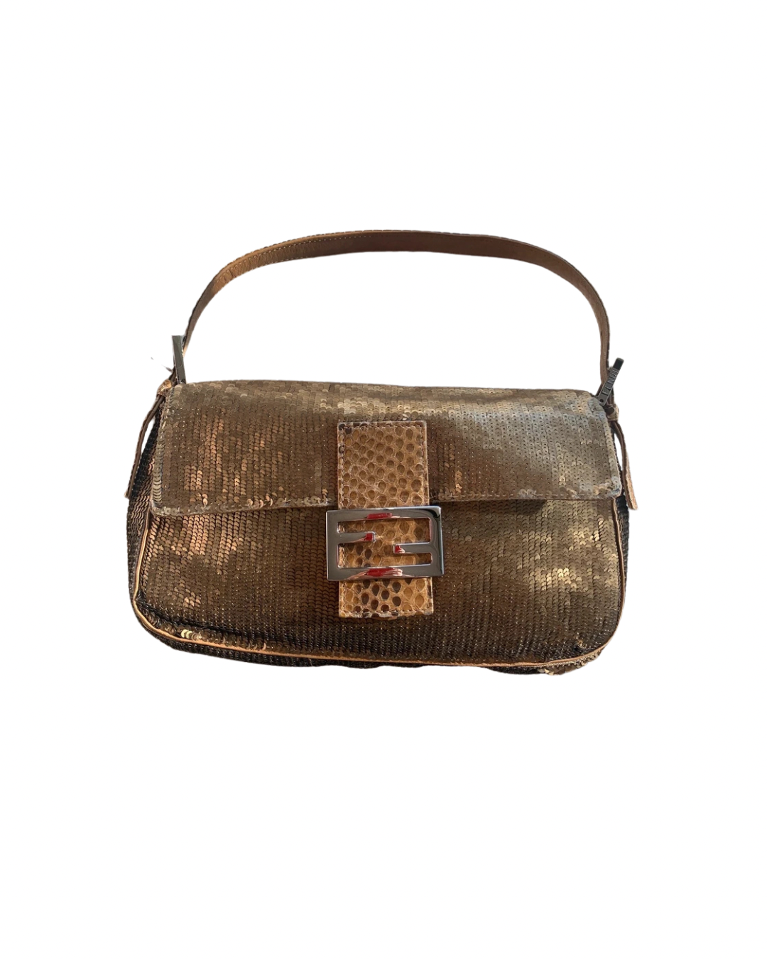 Fendi 2000 Brown Sequin Lizard Baguette Shoulder Bag
