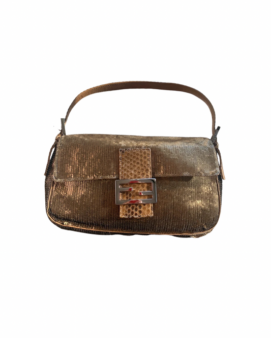 Fendi 2000 Brown Sequin Lizard Baguette Shoulder Bag