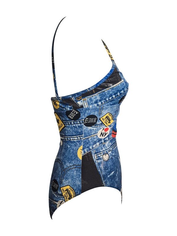 Christian Dior By John Galliano Denim Print Swimsuit