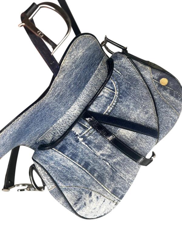 Christian Dior By John Galliano Speedway Denim Print Double Saddle Bag