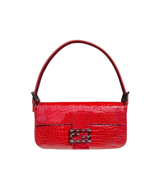 Fendi Glossy Red Crocodile Baguette Bag