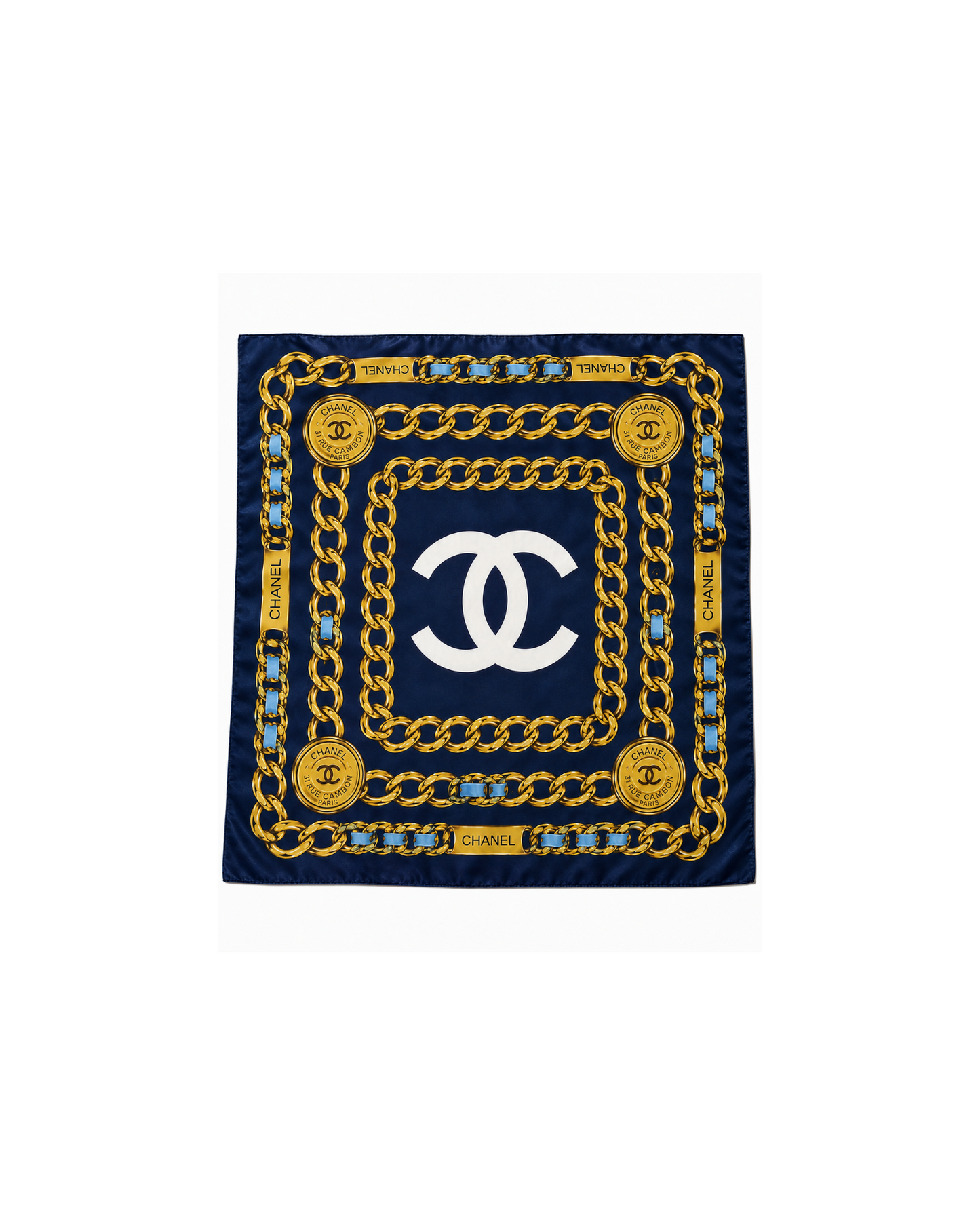 Chanel Gold And Blue Chain Logo Silk Scarf