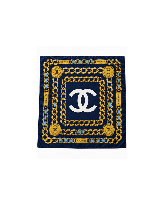 Chanel Gold And Blue Chain Logo Silk Scarf