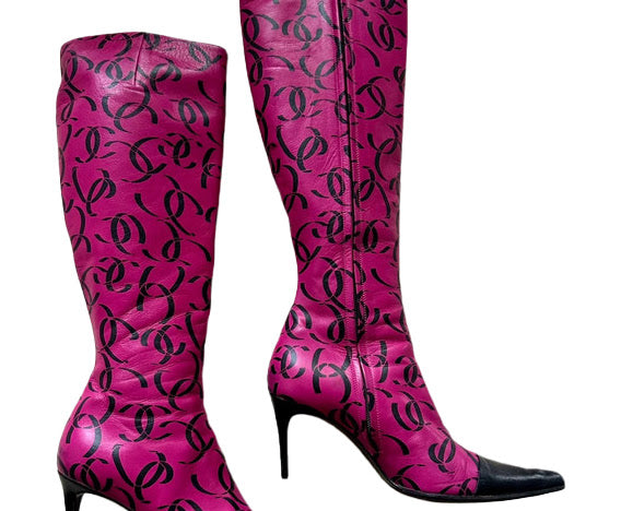 Chanel CC Pink Leather Knee High Boots