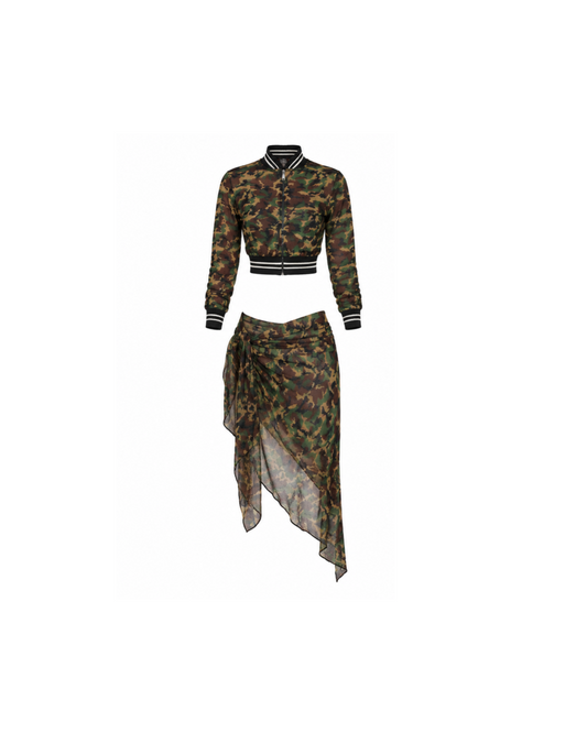 Jean Paul Gaultier Camouflage Mesh Bomber And Sarong Wrap Skirt Set