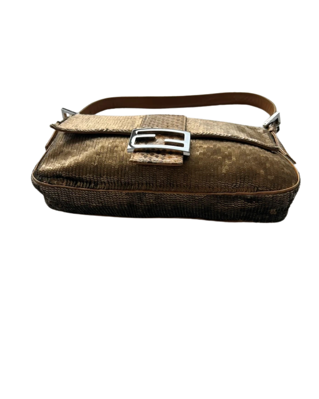 Fendi 2000 Brown Sequin Lizard Baguette Shoulder Bag