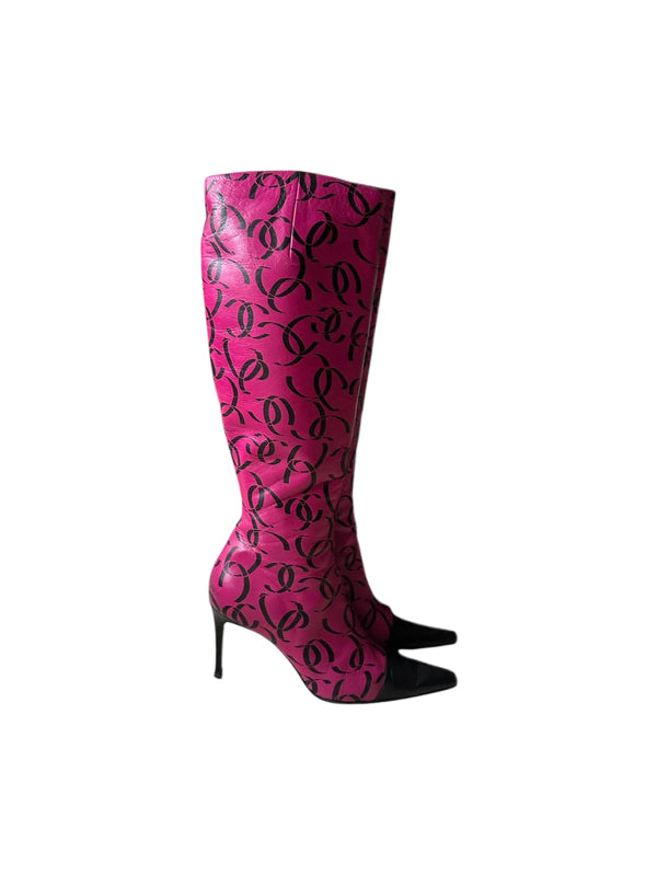 Chanel CC Pink Leather Knee High Boots