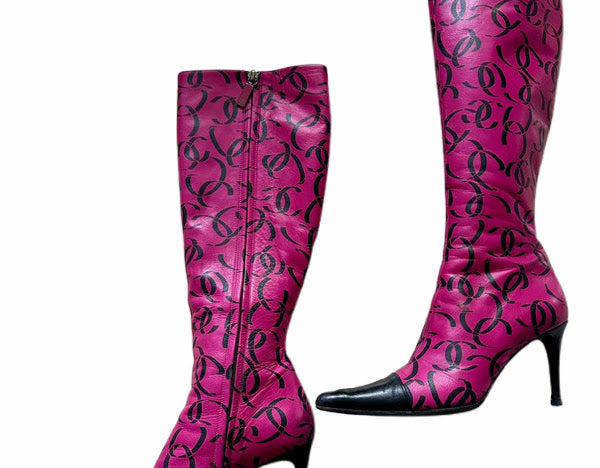 Chanel CC Pink Leather Knee High Boots
