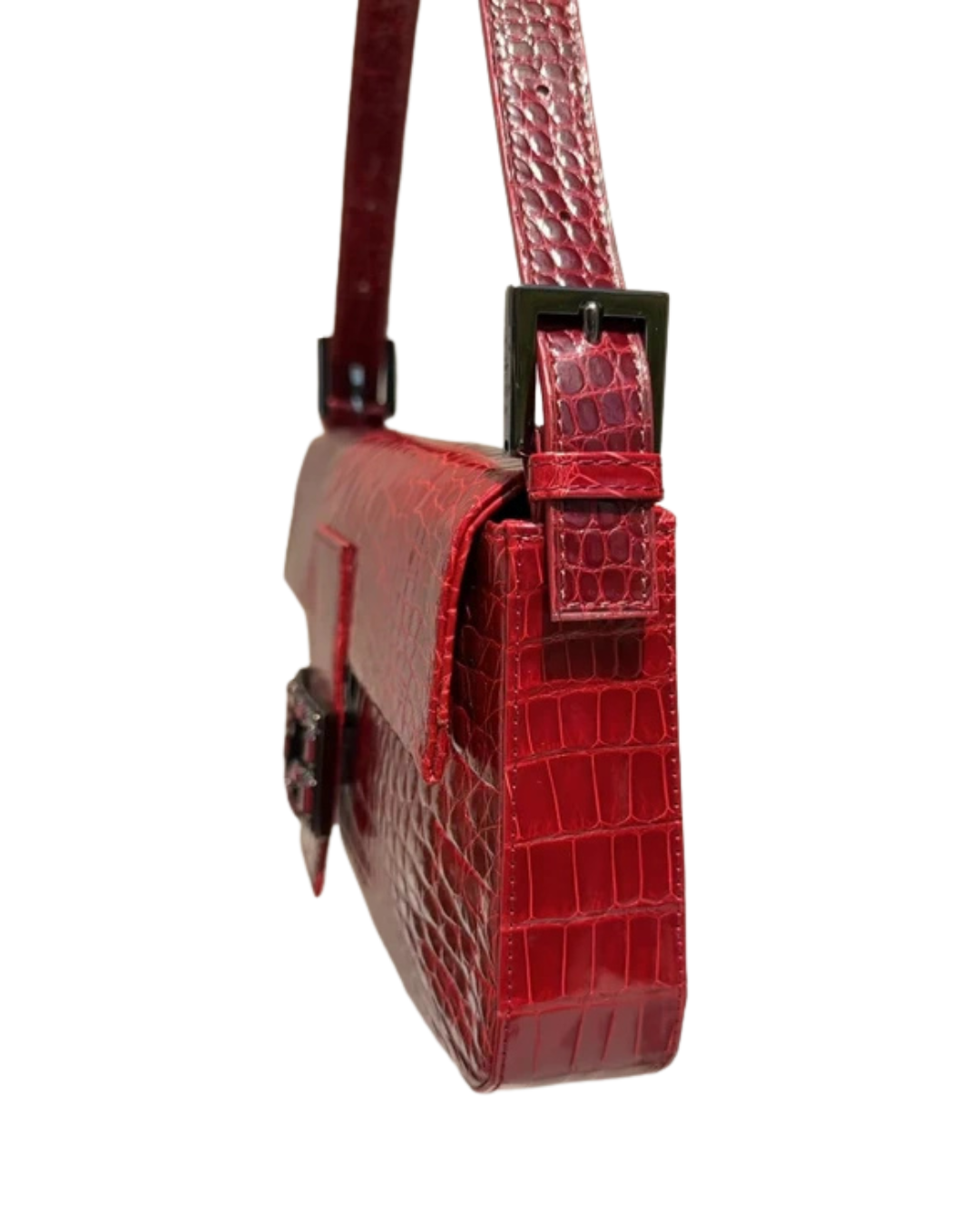 Fendi Glossy Red Crocodile Baguette Bag