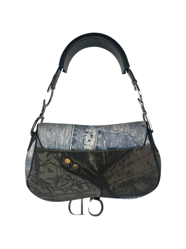 Christian Dior By John Galliano Speedway Denim Print Double Saddle Bag